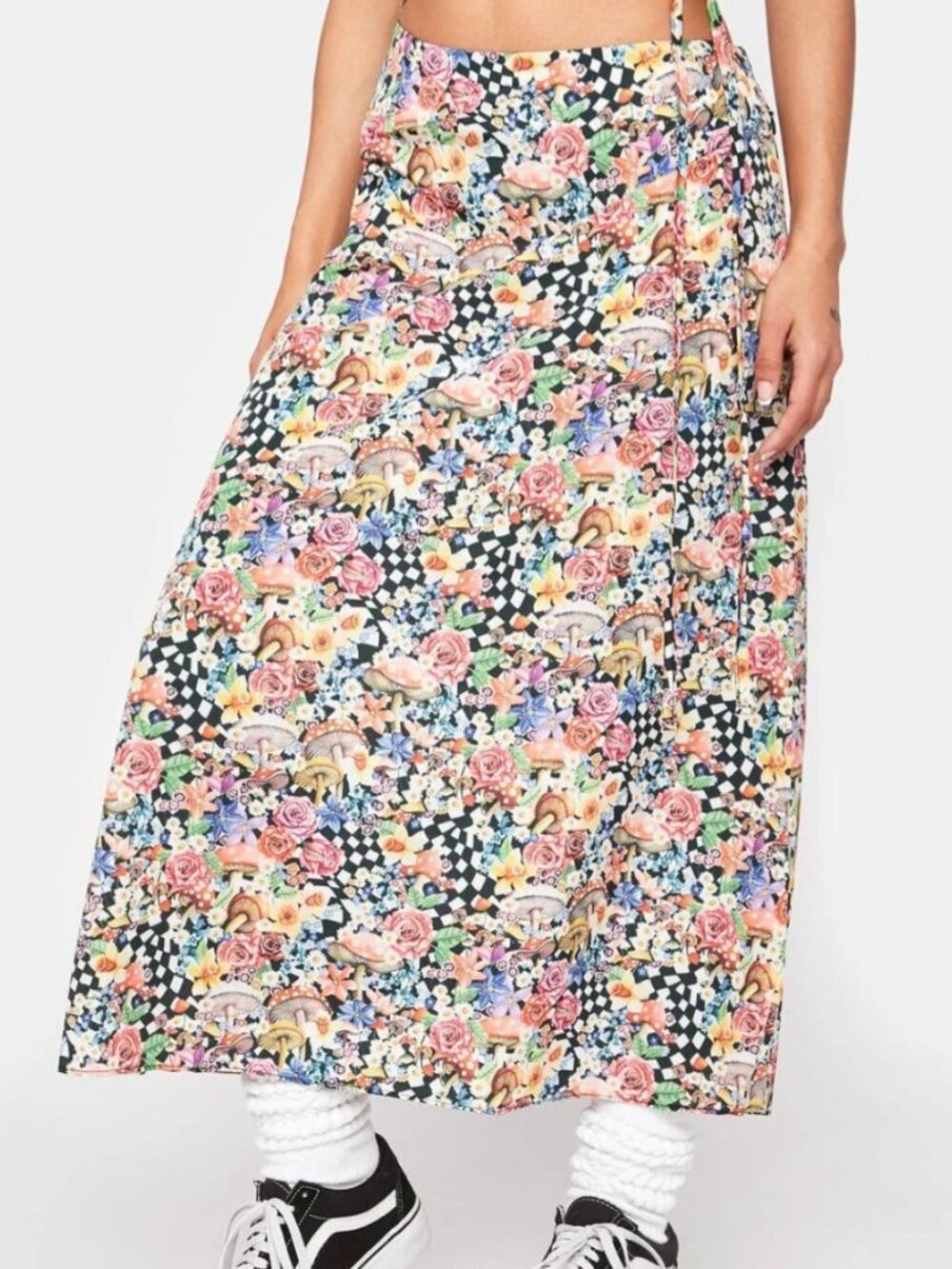 For Love & Lemons Deidre Midi Skirt Mixed Floral checkerboard & mushroom print M